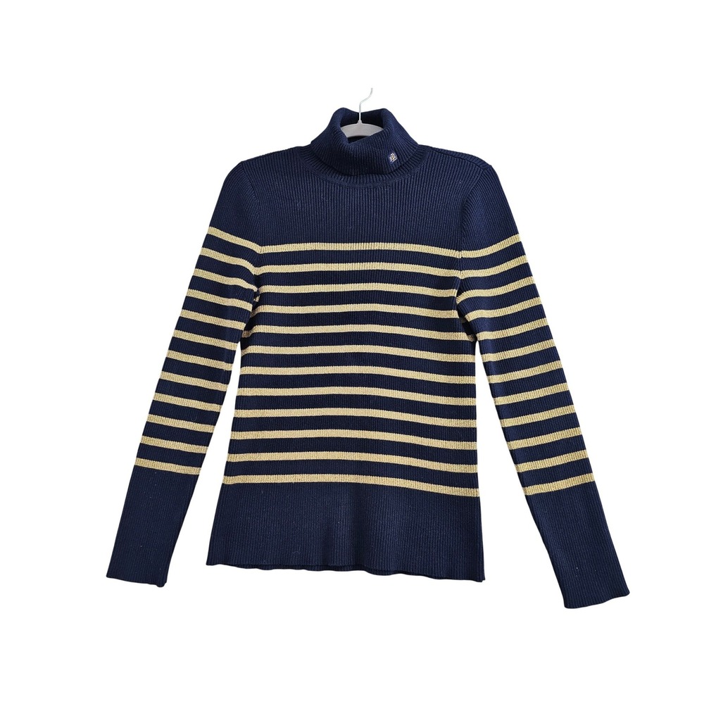 Lauren Ralph Lauren Turtleneck Sweater size L Navy Gold Striped Metallic Ribbed